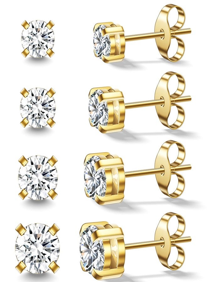 AMASIS 4Pairs Gold Studs Earrings Set for Women Men,20G Hypoallergenic Gold-Plated Stainless Steel Studs Earrings 3-4-5-6mm Cubic Zirconia Simulated Diamond Round CZ Cartilage Earrings for Sensitive Ears - Image 1